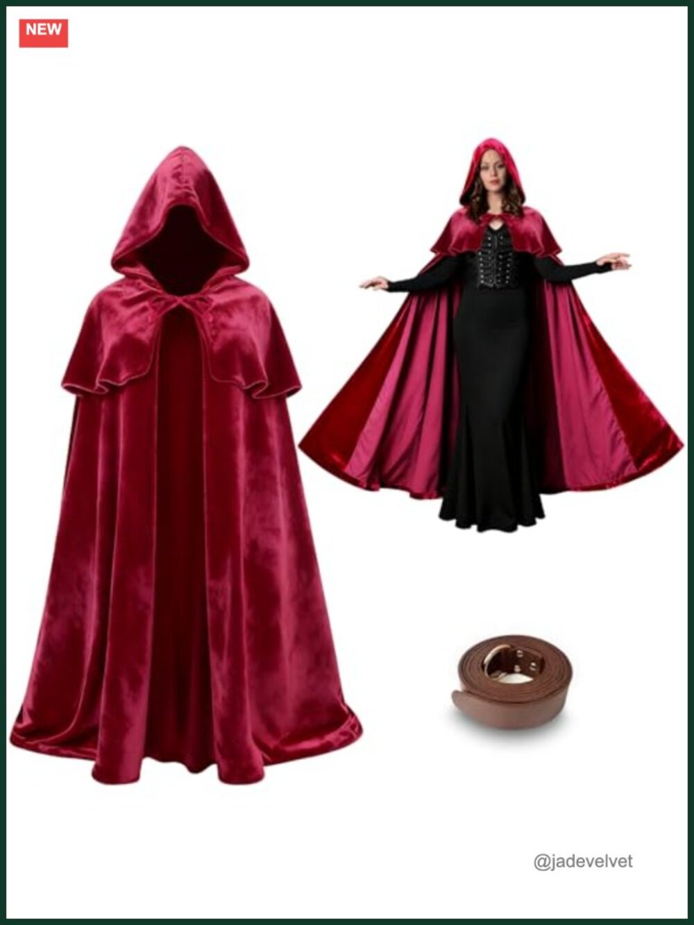 Medieval Hooded Cape Cloak with Waistcoat and Belt Women Halloween Cosplay